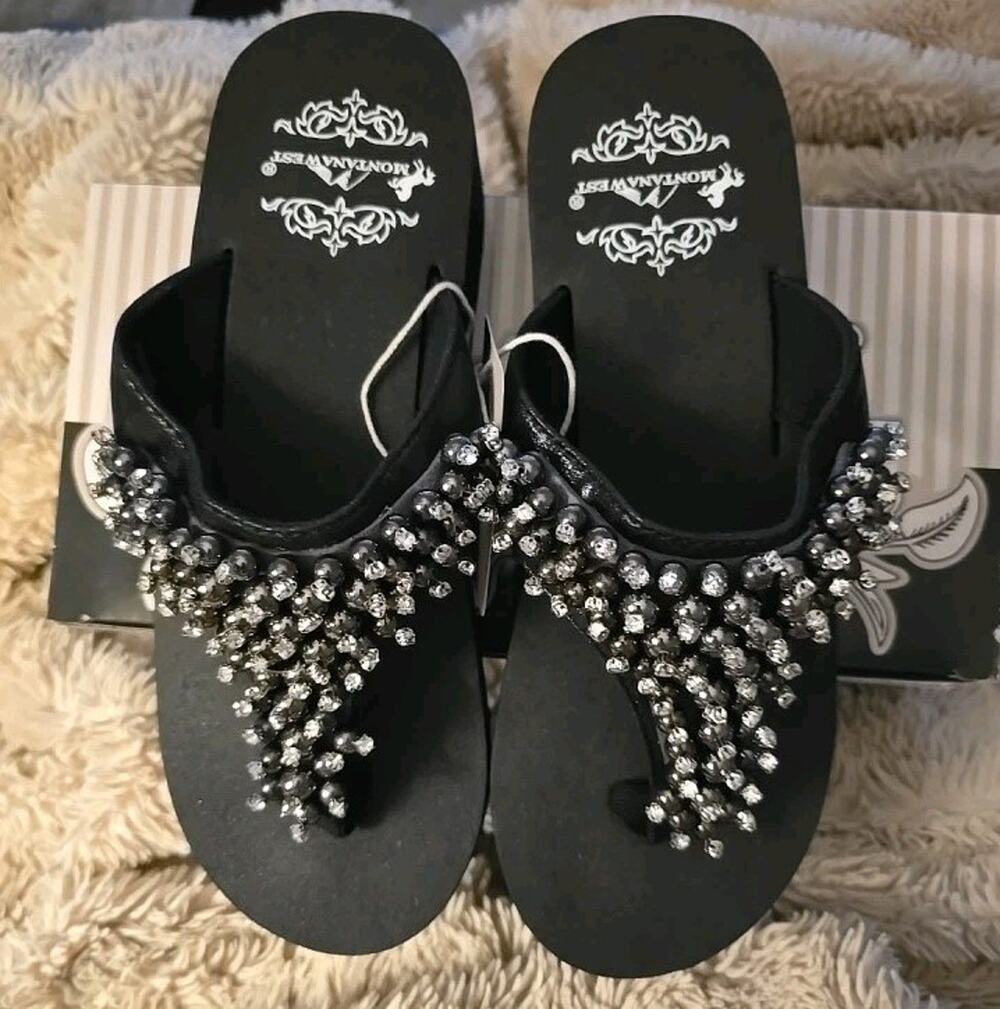 Montana West Select Womens Sz 8 Black Rhinestones Cowgirl Flip Flops Brand New